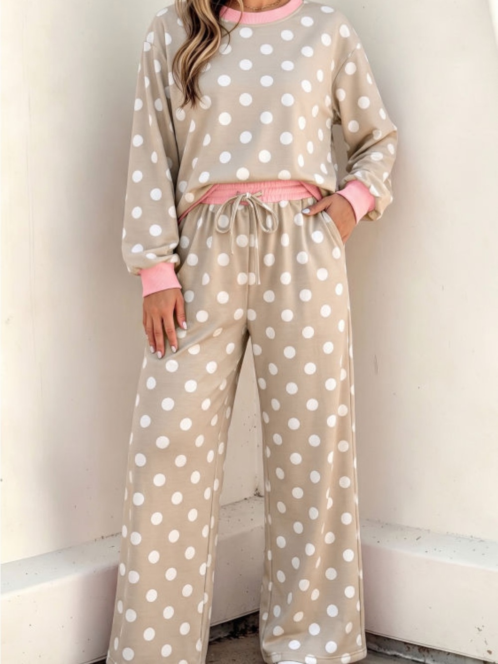 Polka Dot Wide-Leg Pants & Shirt Set - Beige with White Dots